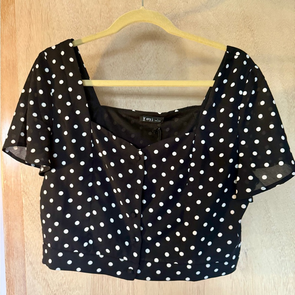 Very J Black crop Blouse and high waisted skirt with White Polka Dots